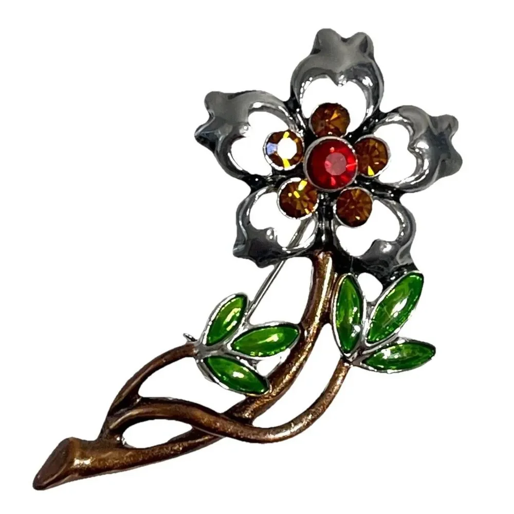 Enamel Rhinestone Flower Stem Pin Brooch Retro Floral Botanical Nature Jewelry